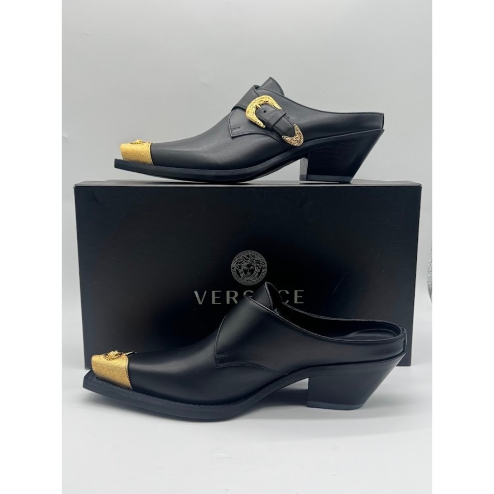 Versace Sabot Leather Western Mule Medusa Gold Toe Black EU 39.5 US 9 NIB - Picture 2 of 14